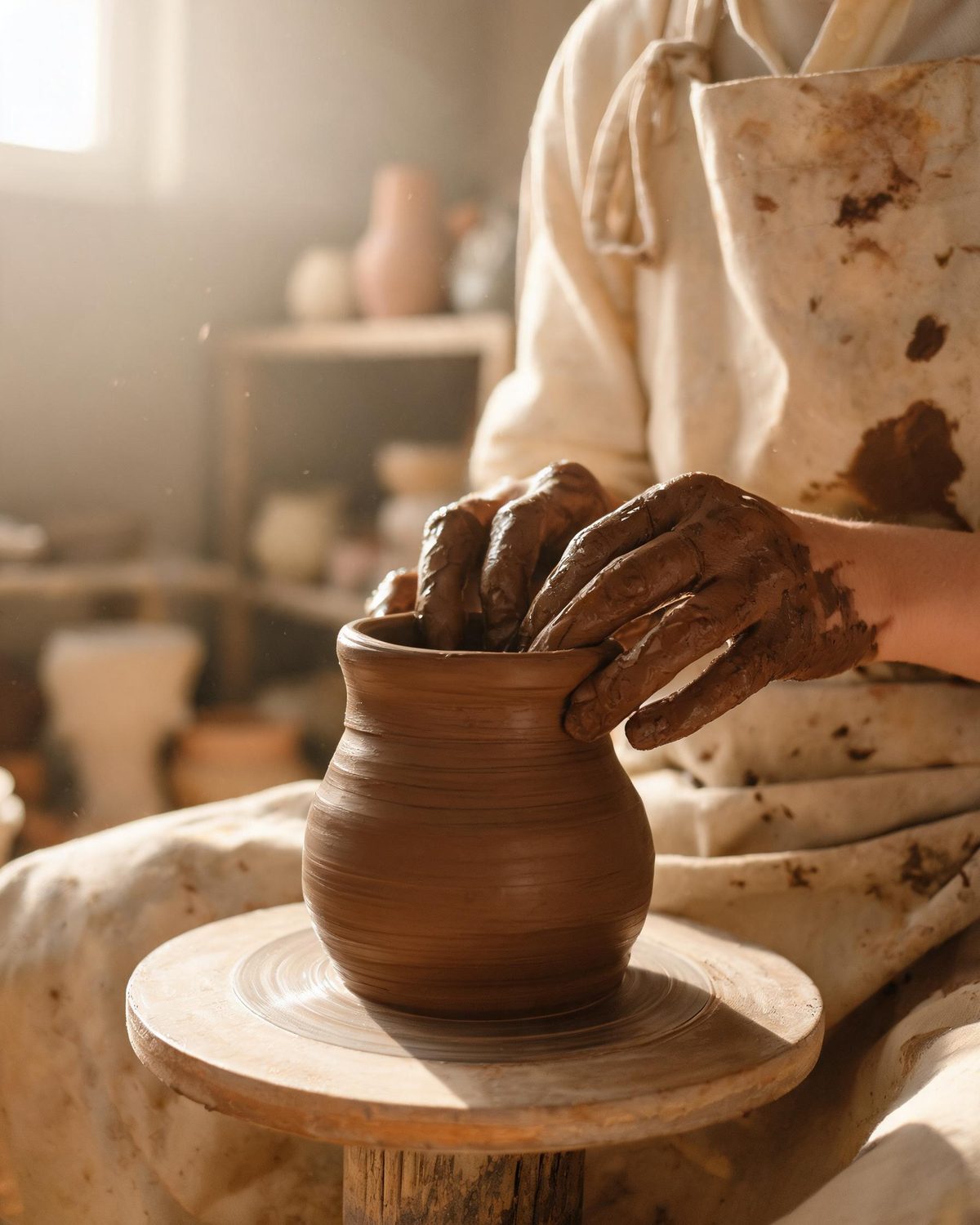 A potter's hands shaping dark clay on a potter's wheel in a warm workshop